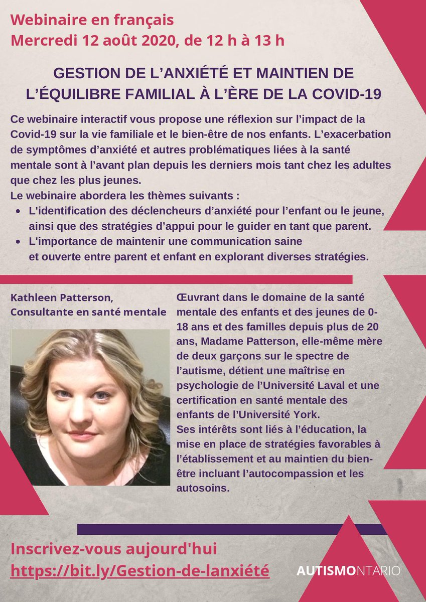 KW_Hugues's tweet photo. Webinaire: Gestion de l'anxiété et maintien de l'équilibre familial à l'ère de la COVID-19 @AutismONT @CSViamonde Inscrivez-vous aujourd'hui
https://t.co/h0ux7Ga6JG https://t.co/ok8SJlLLOX