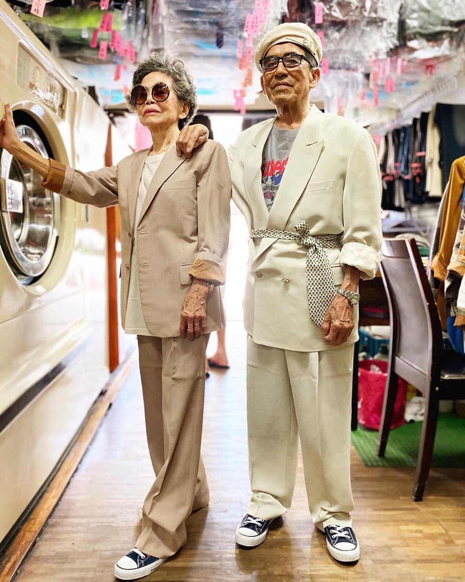 enews's tweet photo. So fresh, so clean: Over 80 years old and owners of a laundry store, Wan-Ji and Sho-Er have taken the old clothes abandoned by customers and reinterpreted them. They want to "let everyone know that age is not a barrier to have fun in fashion." ❤️ (📷:wantshowasyoung/IG) https://t.co/KWGr8VT5lW