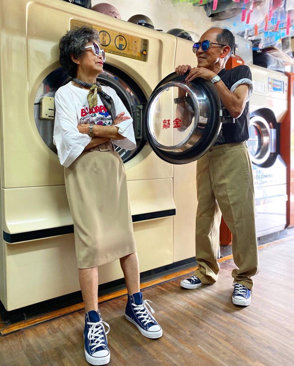 enews's tweet photo. So fresh, so clean: Over 80 years old and owners of a laundry store, Wan-Ji and Sho-Er have taken the old clothes abandoned by customers and reinterpreted them. They want to "let everyone know that age is not a barrier to have fun in fashion." ❤️ (📷:wantshowasyoung/IG) https://t.co/KWGr8VT5lW