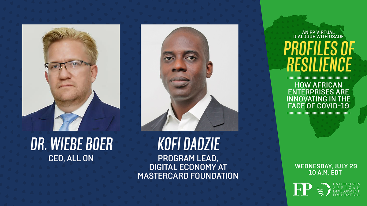 ForeignPolicy's tweet photo. Kofi Dadzie of @mastercardFDN and @allonenergy's @wiebeB_Africa will discuss grassroots investments &amp; sustainable growth.

@cdglin, @RepHoulahan, @habiba11, @rucherk_, @GahayaLinks, @colourfulgiggle, @brownbutton_org, &amp; @stz23.
https://t.co/a9LlJ23hej
#FPProfilesOfResilience https://t.co/uN63tqW44F