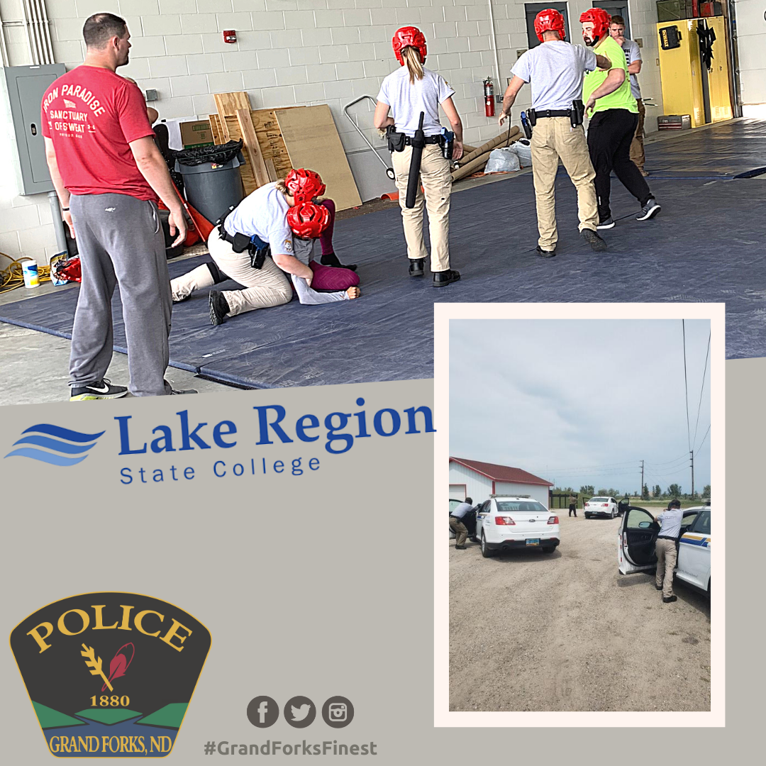 GrandForksPD's tweet photo. Earlier this week, students of the Lake Region State College Academy participated in defensive tactics and felony stop practicals. It appears as though Sergeant Eberhardt and Corporal Skari are not complying in their scenario 😬 

#GrandForksFinest #GrandForksPD #3on2 https://t.co/ytwD2A7pij