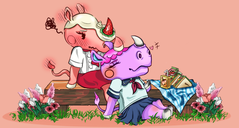 JJSLlDER's tweet photo. @moyacrossing somehow got me on the renee and merengue ship with this commission piece. (thank you, regardless!) #acnhart https://t.co/ZOyP4FRyIO