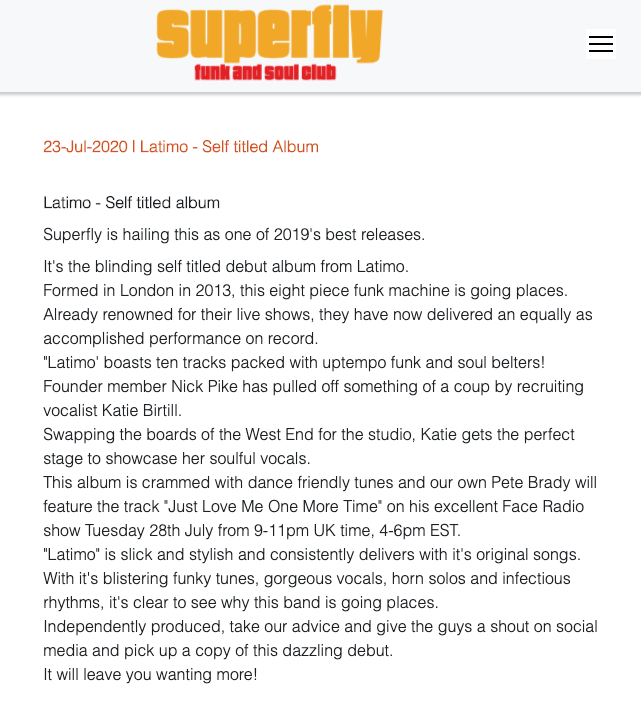 latimoband's tweet photo. "Superfly is hailing this as one of 2019's best releases ... a dazzling debut" 

Thanks for the kind words Superfly Funk &amp; Soul! 😊🙏

https://t.co/KYrhgkMxfT

@soulboy04 https://t.co/ySh5q5KYZc