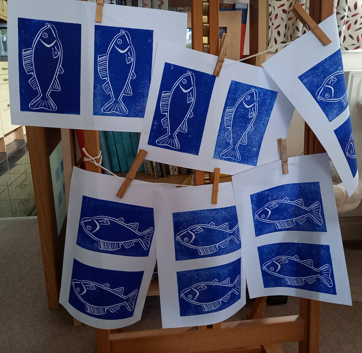 Fish prints drying #linocut #linoprinting