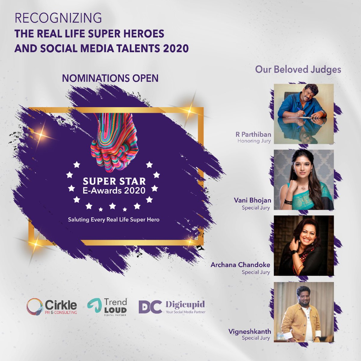 Trendloud's tweet photo. Let us celebrate &amp; award real-life superheroes and social media talent. Presenting SuperStar E awards 2020. 
Nominate your favourites now https://t.co/oPEDNqXHOW

#eawards #ciklepr #digicupid #TrendLoud #nomination #parthipan #vanibhojan #archanachandhoke #RJVigneshkanth https://t.co/2NcJ4Vet1Z