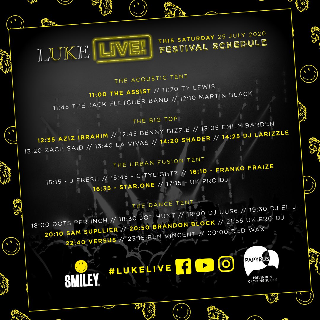 Pleased to be a part of today’s #LukeLive Festival in support of @PAPYRUS_tweets who work to prevent young suicide.

I’ll be in the mix from 2.25pm in the Big Top Tent (via my bedroom).

Watch via: youtu.be/DuOkO9ZUrAE 

Big thanks to @lukeroper,  @smiley & @saymorepr 👊🏾