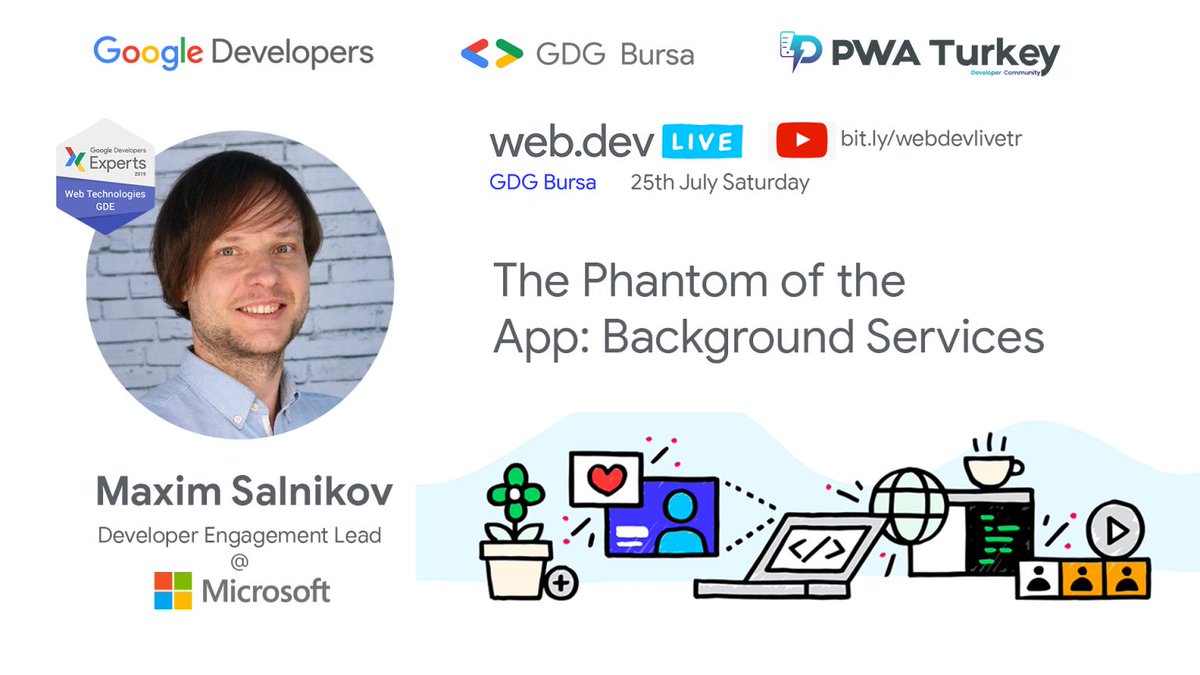 webmaxru's tweet photo. I start my session about #PWA background services in a few minutes (13:10CEST) at @gdgbursa online meetup here: https://t.co/MJND3eIUAP Please join, and let's chat! #ServiceWorker #BackgroundSync #PeriodicBackgroundSync #NotificationTriggers https://t.co/wuL4pLErrr