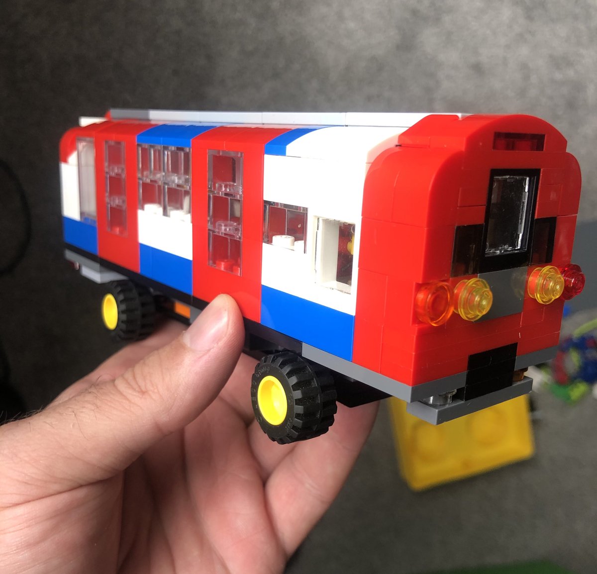 gomboli's tweet photo. Quite proud of this @Lego @centralline. You can see the driver inside and also a passenger that could be me during the @centrallinehell summer. I forgot to install the air conditioning. CC @gommaweb https://t.co/0QjmEtyQvW