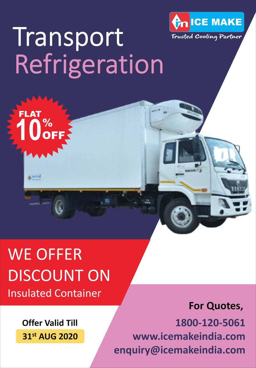IceMakeRef's tweet photo. Special offer of the month !
We offer flat 10% discount on our insulated container. 
Offer valid till: 31st august 2020.
For More enquiry: https://t.co/Bi1M0CQlZg ,Call (Toll Free): 1800-120-5061,Email: enquiry@icemakeindia.com
#IceMake #InsulatedContainer #ReeferVan #Reefertruck https://t.co/HG12dW8Tyk