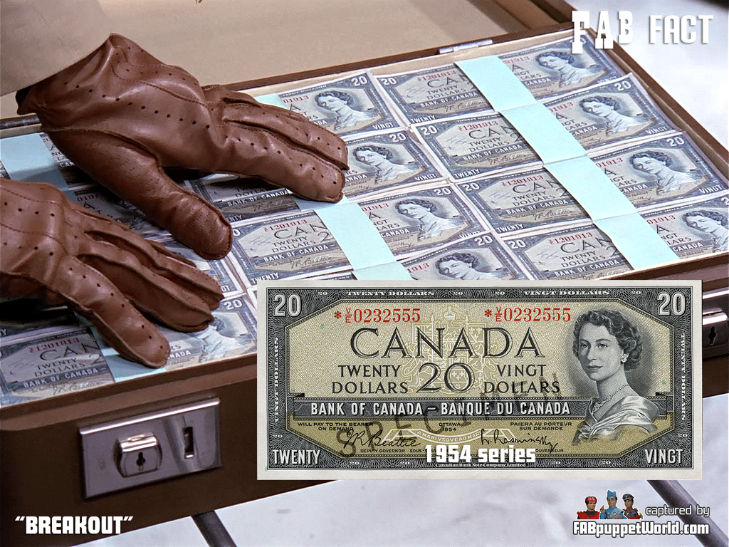 FABpuppetWorld's tweet photo. The ransom money brought by Joe are replicas of the real Canadian $20 bills used from 1954 to 1968. #Joe90 #GerryAnderson #supermarionation #puppets #marionettes #fpw #fabfacts https://t.co/HaUiKHkmXI