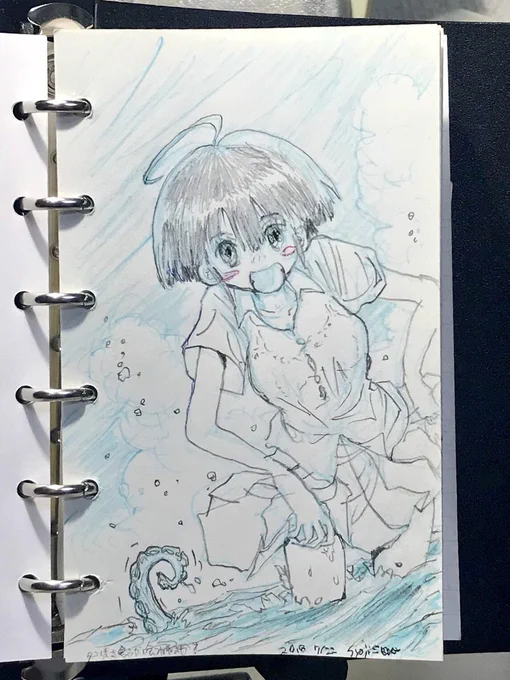 『タコ焼き食うか喰らわれるか?』
(海は危険がいっぱい。)

2年前の「海の日」に描いた。
#rkgk #original #6HOLES #archives 