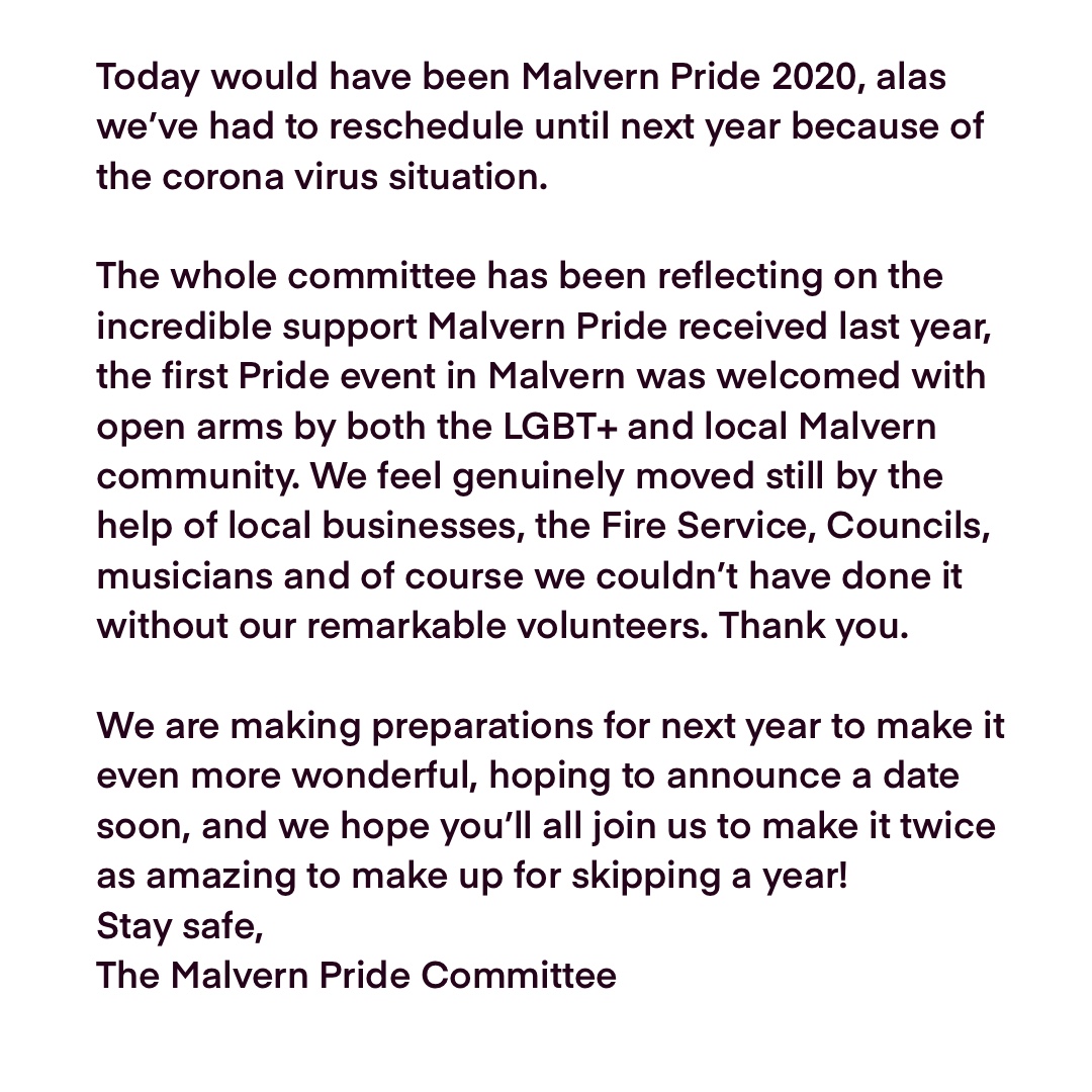A message from the Malvern Pride Committee on the day that would have been Malvern Pride's 2nd year Pride event
#malvern #malvernpride #pride #lgbt #gay #queer #malvernhills