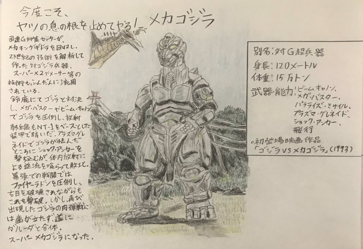 Heroic07 手描き東宝特撮列伝メカゴジラ 別名 対g超兵器 身長 1メートル 体重 15万トン 武器 能力 ビーム キャノン プラズマ グレネイド ショック アンカー 初登場映画作品 ゴジラvsメカゴジラ 1993 ゴジラ Godzilla Illust 絵描きさんと