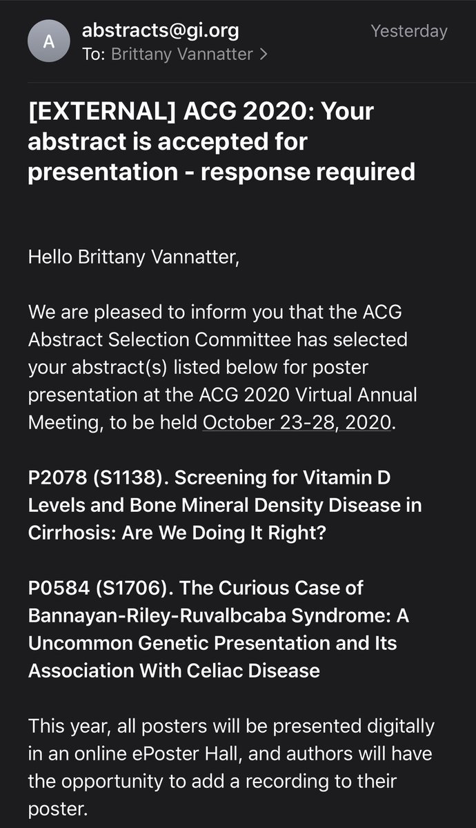 DrBrittV's tweet photo. I’m no longer reading emails that don’t have the word “accepted” in the title. #ACCEPTED #BestFeelingEver #FutureGIHep #FutureIsFemale @AmCollegeGastro https://t.co/zWNNqPlSjF