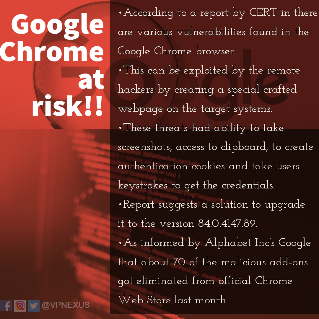 vpnexus's tweet photo. Update your Google Chrome before it's too late!!

DM for queries 💬

#cybersafeindia #cyberupdate #cybercrime #hacker #virtualworld #googlechrome #alphabet #ians #certin #vpnexus https://t.co/NzbImXokv6