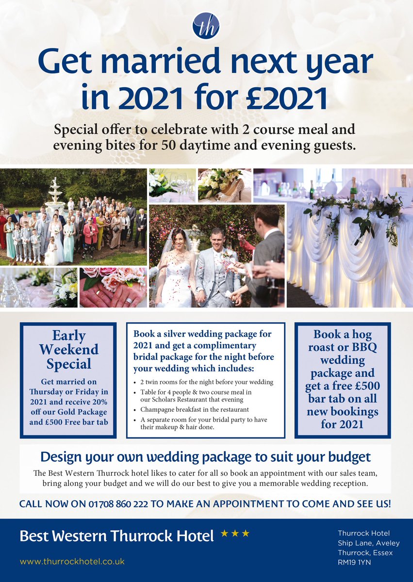 Get married next year in 2021 for £2021... The Thurrock Hotel.
thurrockhotel.co.uk #ThurrockHotel