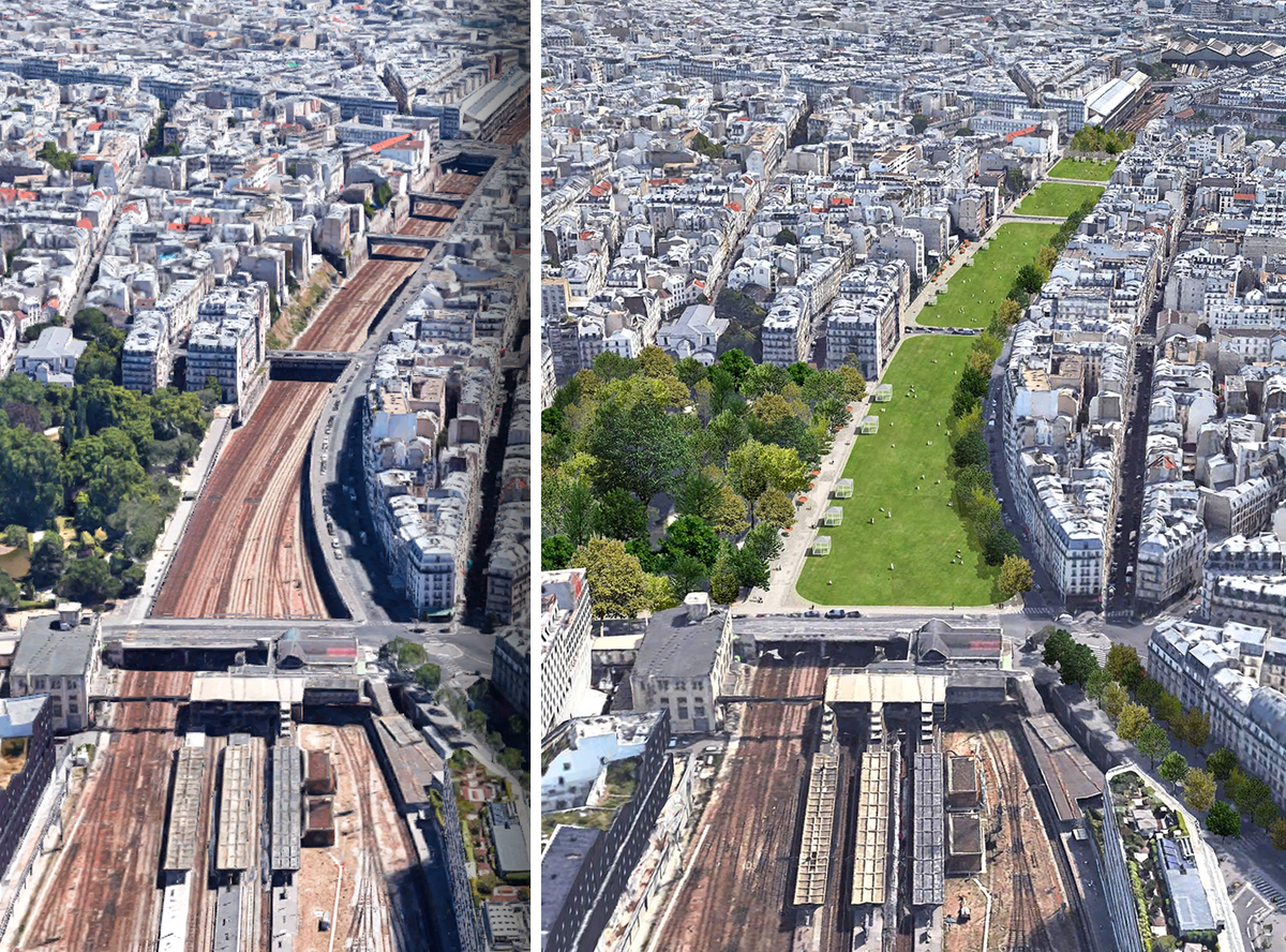 Proposition de pelouses libres à Paris de l’agence d’architecture Djao-Rakitine avec le recouvrement des voies ferrées entre le square des Batignoles et la gare Saint-Lazare par une structure légère et engazonnée. Plus d'infos sur parisfutur.com/projets/propos… #parisfutur