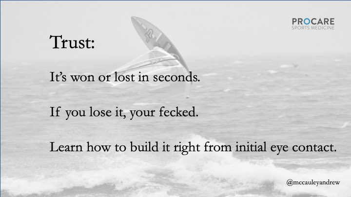 Trust. 

Hi my name is Andrew. I’ve just met you but please tell me if you have erectile dysfunction, incontinence or any mental health problems. 

Without trust, you ain’t getting nothing off your patient. 

That’s it, just be sound.