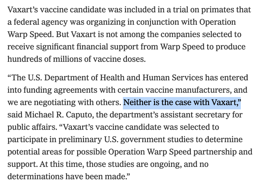 The CEO's stock awards went from $4m to $28m. Vaxart's top shareholder immediately sold all its shares, netting $200m of profits. @HHSgov tells us Vaxart's Warp Speed work is confined to a single monkey trial. HHS officials suspect Vaxart is citing Warp Speed to hype its stock.