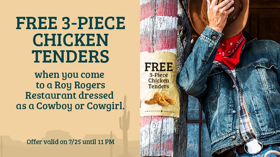 RoysRestaurants's tweet photo. Calling all Cowboys and Cowgirls! Stop by your local Roy's today dressed in your Western gear for #NationalDayOfTheCowboy, and enjoy a FREE 3-Piece Chicken Tender on us. Today only, 7/25, at participating locations. Not to be combined with other offers. #CowboyCool #CowgirlCool https://t.co/44Oc311tnD