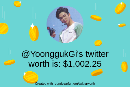 YoonggukGi's tweet photo. My Twitter worth is: $1,002.25

Find yours with https://t.co/YY2KVj8WVl

⠀ https://t.co/21DfJu71BG