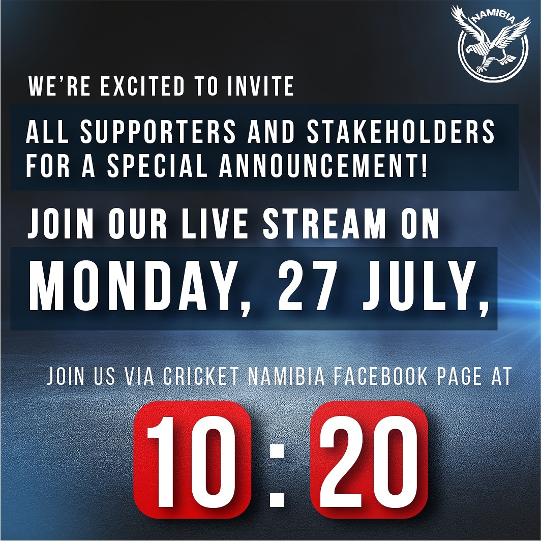 CricketNamibia1's tweet photo. Not to be Missed📣Join us on Monday, 10:20 for a special announcement. Visit our Facebook page @Cricket Namibia on monday and be part of this exciting, memorable live event🤩 #CricketNamibia #EagelsPride https://t.co/hJHchPyAtP