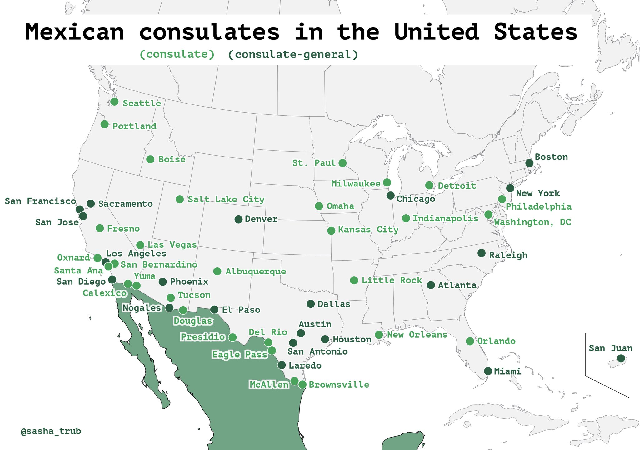 地図フリーク メキシコ は米国内に50の 総 領事館 Mexにとっても 受入国の米にとっても 他国より遥かに多い T Co Oua9jdgmu9 特に元mex領の諸州には 米は在ヒューストン中国総領事館の閉鎖を命令 日本は同市を含め全米17カ所に置く 他国