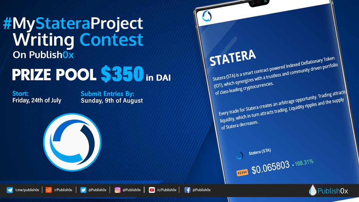 publish0x's tweet photo. #MyStateraProject Writing Contest and Giveaway: (a minimum of) $350 in DAI Prize Pool!

Join the @StateraProject writing contest and Twitter Giveaway on #Publish0x.

https://t.co/txX92D9NOV https://t.co/jsZ33fF3aH