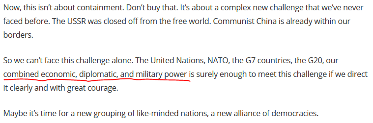 To be clear,  @SecPompeo used the term "alliance" in a loose way. He's talking about democracies banding together on a host of issue areas to counter China. That's not "technically" an alliance, which is limited to just military affairs.