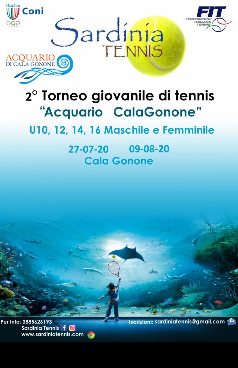 2° edizione del torneo nazionale giovanile di tennis "Acquario di Cala Gonone".
La manifestazione è organizzata dall' ASD Sardinia Tennis di Dorgali e sponsorizzata dall'#AcquariodiCalaGonone😊😊