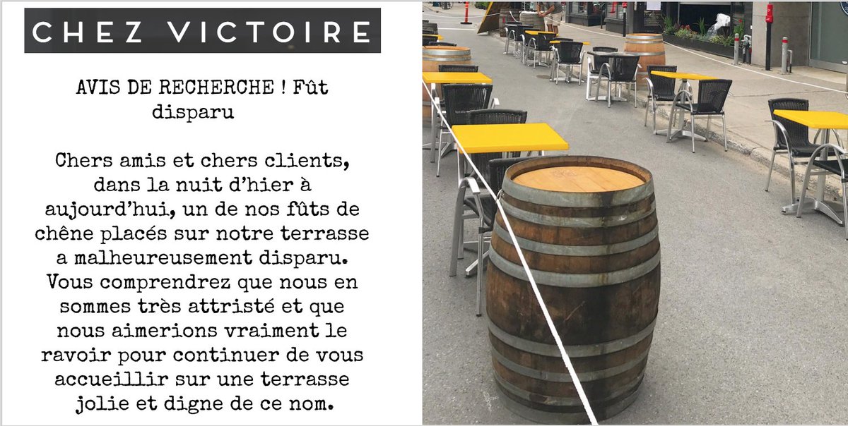 AVIS DE RECHERCHE ! Fût disparu

Plateau Mont-Royal 
Chez Victoire <a href="/ChezVictoire/">Chez Victoire</a>
1453 ave du Mont-Royal E/coin rue Garnier.

#PlateauMR 

facebook.com/11710635501476…