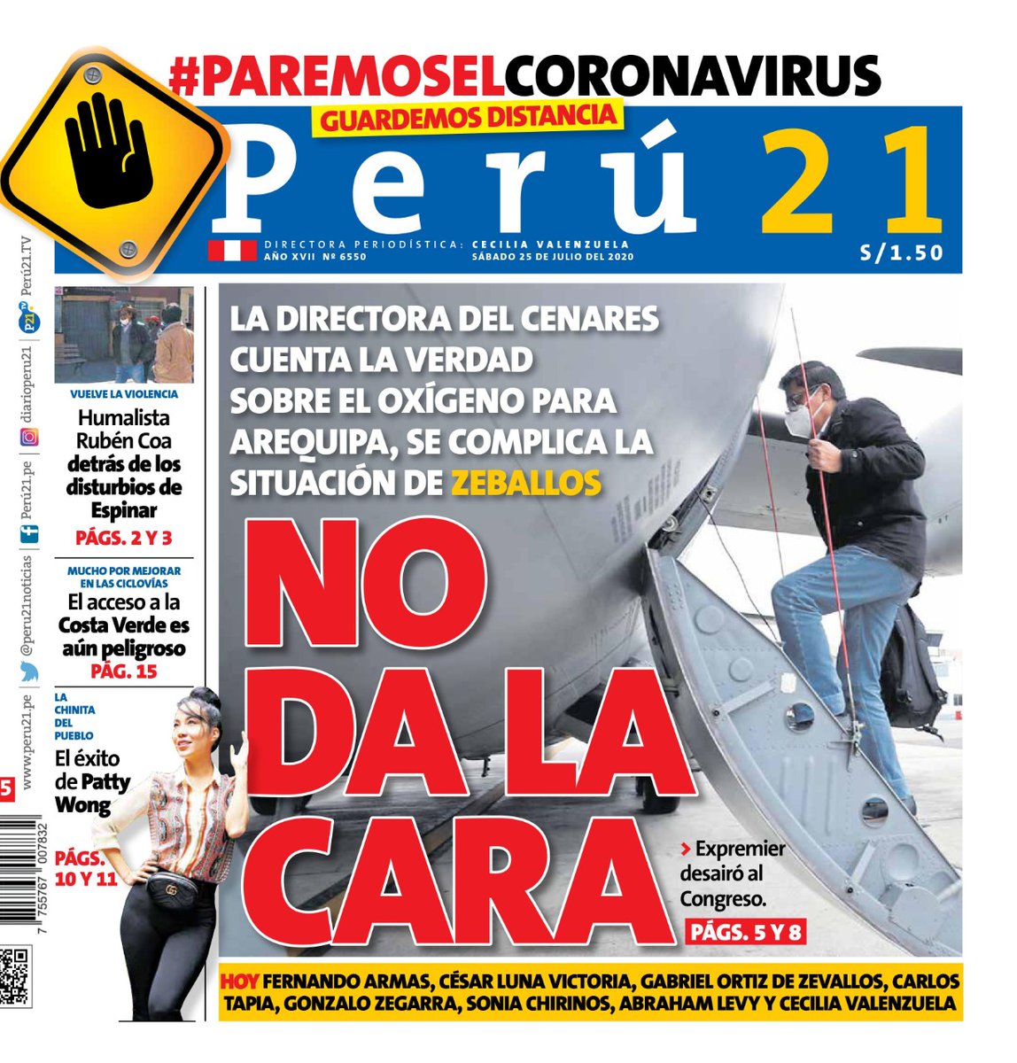 peru21noticias's tweet photo. 👋🏽 ¡Buenos días!

🗞️ Esta es nuestra portada para el día de hoy, sábado 25 de julio de 2020. 

🖥️ Revisa nuestra web para estar al tanto de lo último del acontecer nacional y mundial: https://t.co/M3KVsgP3H9 https://t.co/eOHJ8xUFJF