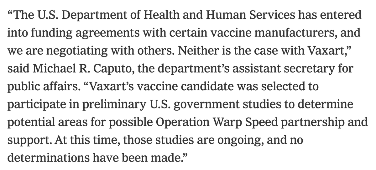 Vaxart’s was being included in a preliminary primate trial in conjunction with Operation Warp Speed. But Vaxart was not among the companies selected to receive significant financial support from Warp Speed. Here's what HHS had to say: