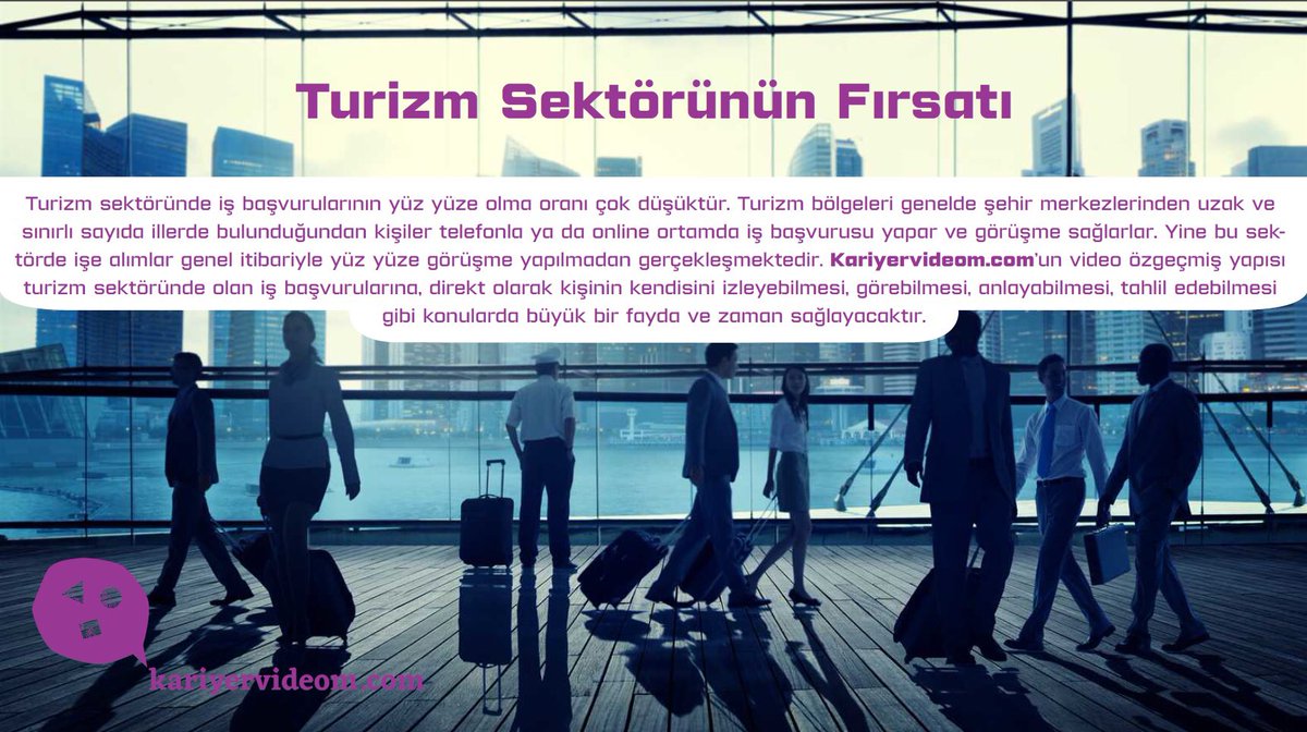 Turizm sektöründe yepyeni fırsat yöntemi: Video Özgeçmiş! 

Kariyervideom.com, video özgeçmişin Türkiye’deki TEK adresi! 

#ik #hr #kariyervideom #kariyer #cv #özgeçmiş