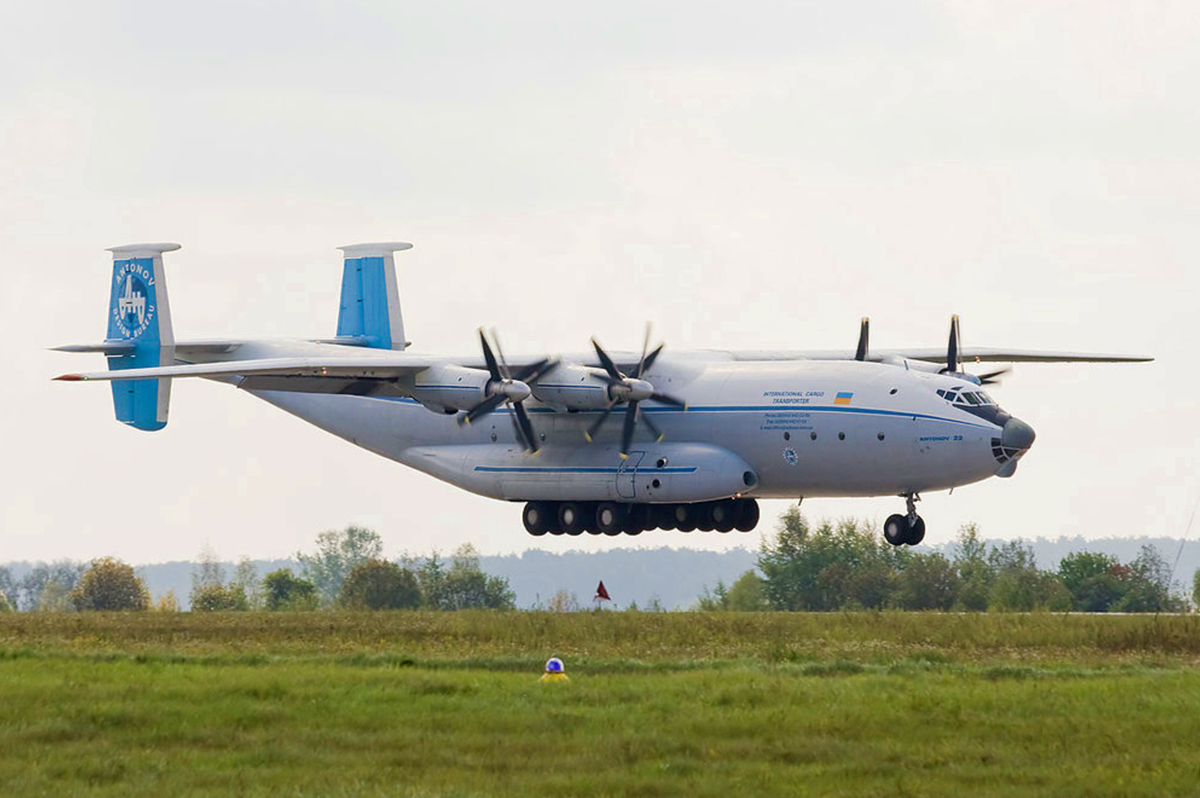 The Antonov An-22 is a heavy military transport aircraft  powered by four turboprop engines each driving a pair of contra-rotating propellers, remains the world's largest turboprop-powered aircraft to date.There are other variants