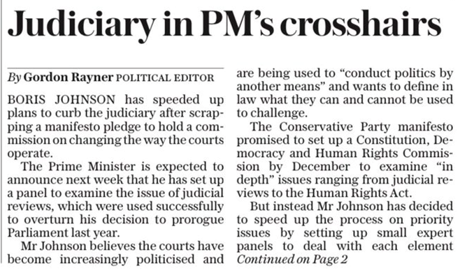 According to the  @Telegraph "Boris Johnson has speeded up plans to curb the judiciary". We must not be fooled by claims that this is about restoring "the sovereignty of Parliament". It's about the power of Number 10 to sideline Parliament - & all other checks on its power. THREAD
