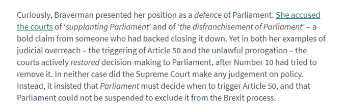 2. The courts are to be punished for two key rulings: reversing the suspension of Parliament in 2019, & insisting that only Parlt could trigger Article 50. In neither case did the court rule on policy: instead, it restored the right of Parlt, rather than No. 10, to make decisions