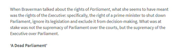 3. Far from "supplanting Parliament", as ministers claimed, the judges in these cases were *defending* Parliament against an attempt to sweep it aside. What the courts were challenging was not the sovereignty of Parliament, but the right of Number 10 to shut Parliament down.