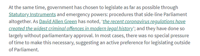 6. As  @davidallengreen ,  @TomRHickman and others have pointed out, the government has consistently chosen to legislate during the Covid crisis without reference to Parliament, using emergency powers and Statutory Instruments to create new criminal offences by ministerial fiat.