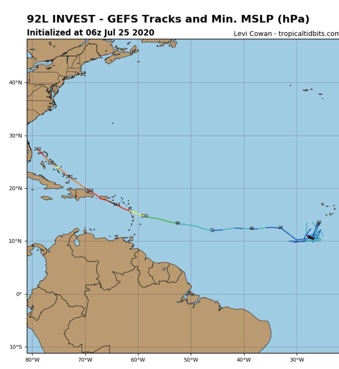 chad_trosper's tweet photo. I92 early ensemble. Anyone remember a similar track last year? Hopefully not.. #HurricaneSeason #I92 #Dorian https://t.co/9baiTtZCtm