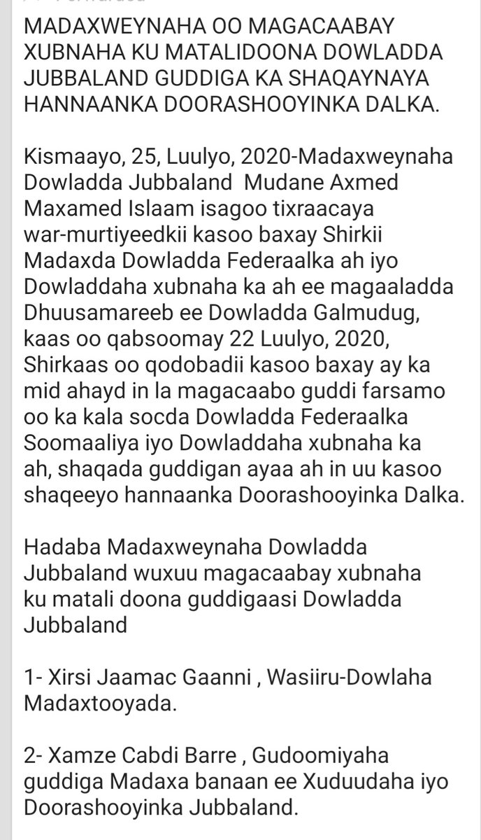 alihwarsame's tweet photo. #Puntland, #Hirshabelle & #Jubbaland oo magacaabey xubnihii u meteli lahaa guddiga farsamo oo ka soo talo-bixinaya arrimaha doorashada 2020/21, iyagoo fulinaya heshiiskii ay dhowaan #Dhuusamareeb ku gaareen #Dowladda #Dhexe & #DXDFS . @TheVillaSomalia @Plstatehouse @radiodaljir https://t.co/I2ywdl4kzR