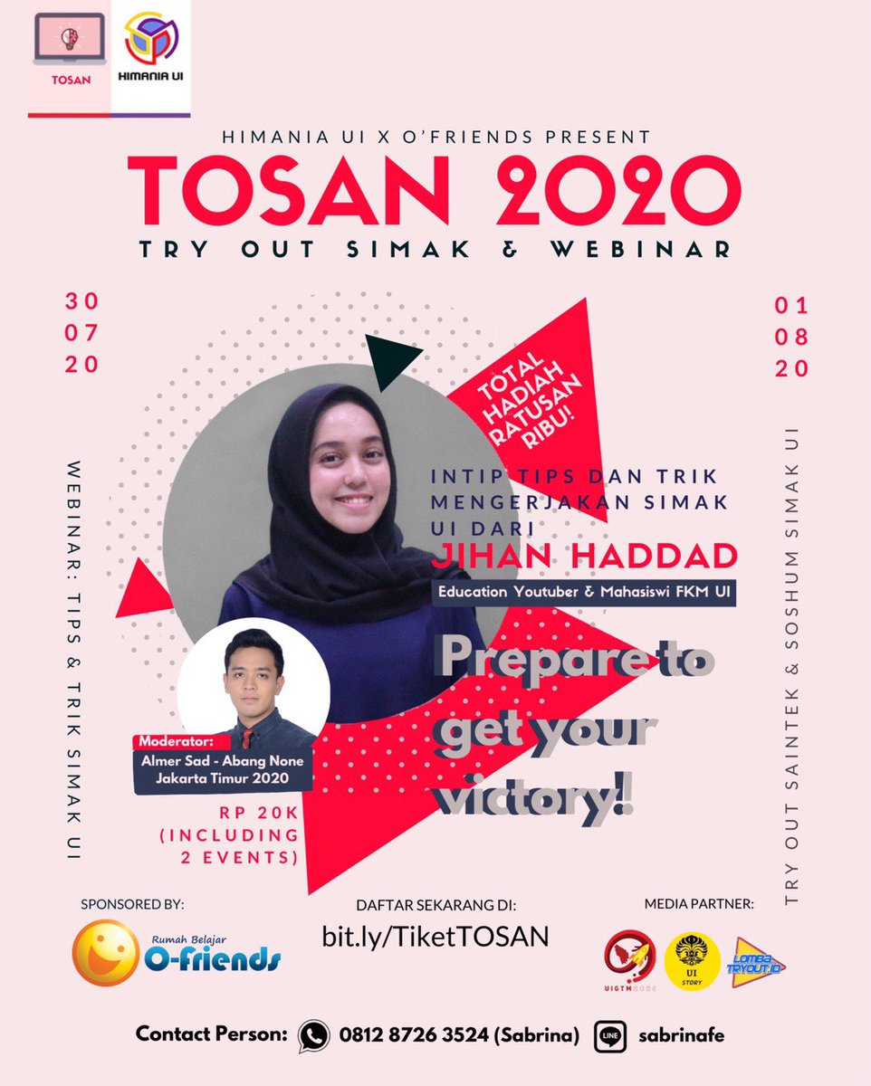 himaniafiaui's tweet image. [HIMANIA UI x O’FRIENDS PRESENT]

Yuk, ikut seminar tentang tips &amp;amp; trik mengerjakan SIMAK UI serta TRY OUT online SIMAK UI! TRYOUT BERHADIAH UANG RATUSAN RIBU! Yuk daftar sekarang ke bit.ly/TiketTOSAN🤩

CP: 
Sabrina (081287263524 / sabrinafe)

#infotryout #tryoutsimakui