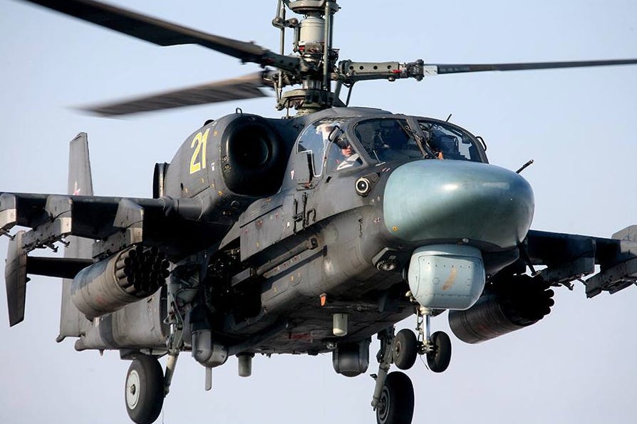 Russian Ka-52 Alligator is one of the world's most feared attack helicopters. The Ka-52 has a top speed of 196 mph, a maximum altitude of of 18,044 feet and maximum range of 683 miles.The Ka-52 has two three-blade counter-rotating rotors, making it extremely maneuverable.