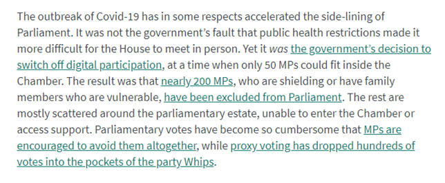 5. Parliamentary committees have been suspended, ignored or subjected to heavy-handed attempts to pack their membership and appoint their chairs. MPs who challenged No 10 have been expelled from the Conservative party, while Parliament itself has been rendered almost unworkable.