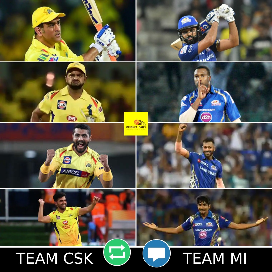 CricketDailyIN's tweet photo. #IPLBattle

Its Biggest Rivals of #IPL 😠

Its Chennai Super Kings 🔄 vs Mumbai Indians 💭 Time. 

MS Dhoni vs Rohit Sharma 🏏

Raina vs Pollard 😍

Jadeja vs Pandya 😜

Chahar vs Bumrah ⚾

Who is Your Favorite Team? 

#IPL2020 #IPL13 #VivoIPL #CSK #MI #OneFamily #WhistlePodu https://t.co/0l8VqKeYF7