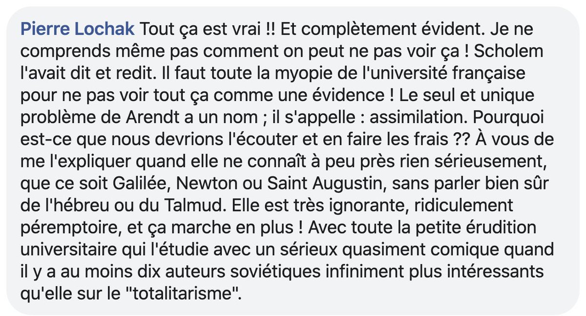  #EnFinirAvecArendt 24Commentaire de Pierre Lochak ( @cnrs) sur l’intervention d’Édith Fuchs (cf. 21, 22).La construction du  #MytheArendt par les demi-savants, les cryptofachos et les médias à prétention « intello » est l’une des impostures les moins relevées de notre temps !