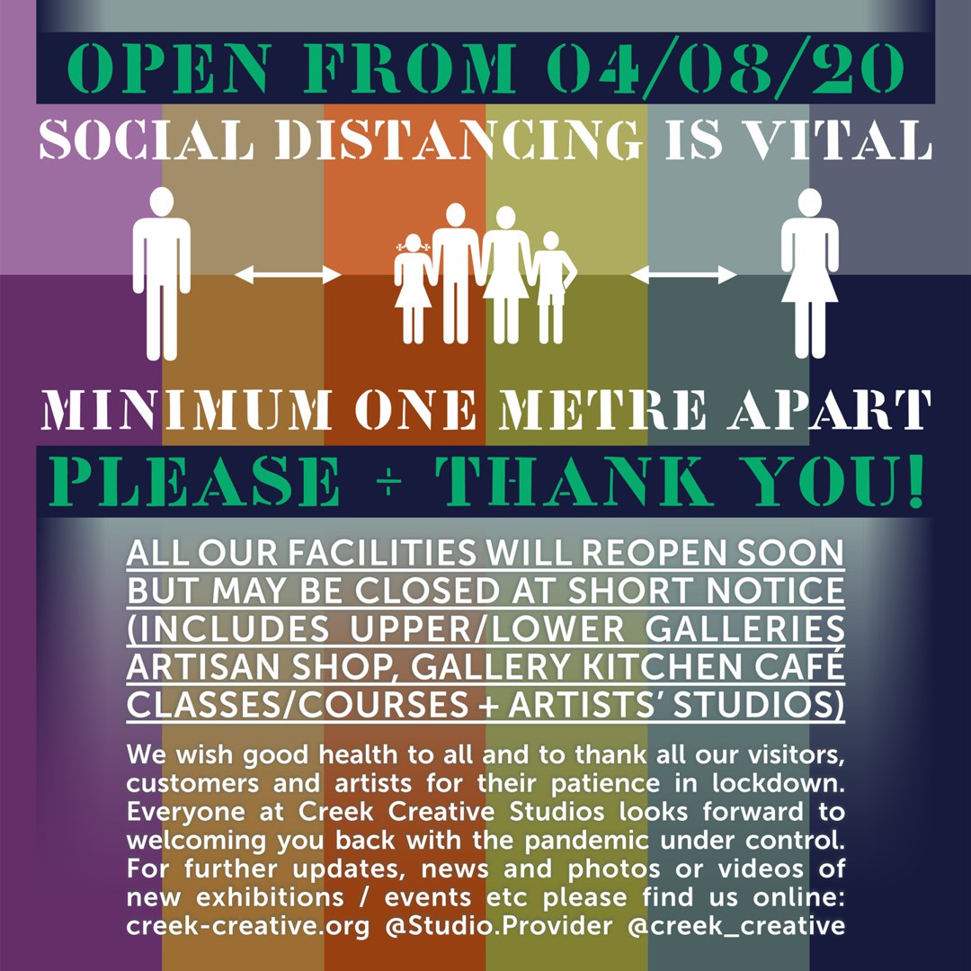 creek_creative's tweet photo. We #reopen Tue 4th Aug with "Moving Forward" #GroupShow 10am-4pm + #SocialDistancing at min 1m. Please return if busy on arrival (entry will be limited) + #masksrequired in Artisan Shop + @CC_gallery_cafe if waiting to take food &amp; drinks outside. #supportlocalartists #Restart2020 https://t.co/85t9qM4N0d