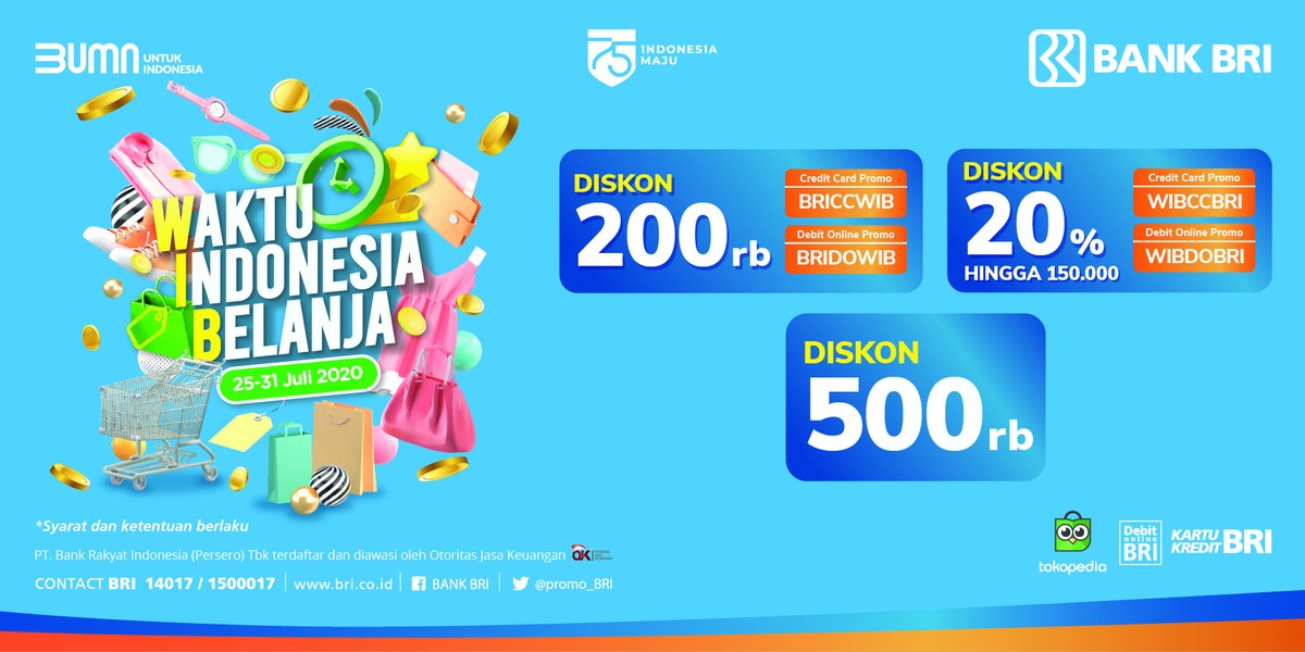 Hemat belanja akhir bulan, nikmati berbagai promo dari BANK BRI di Waktu Indonesia Belanja <a href="/tokopedia/">Tokopedia</a>.

Info lebih lanjut, klik bit.ly/brixwibtokped 

#promobri #bankbri