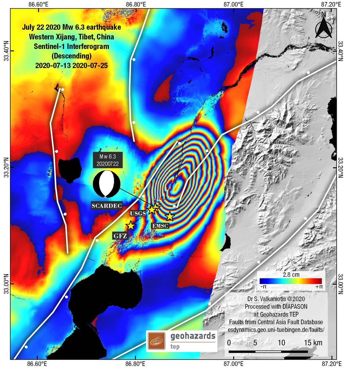 Copernicus #Sentinel1 interferogram reveals a clear normal fault rupture (at depth) from the July 22 M6.3 #earthquake in Tibet, China. Processed with DIAPASON at <a href="/esa_gep/">Geohazards Exploitation Platform</a> #InSAR. 3rd strong ~E-W extensional event for this year at the Tibetan Plateau.