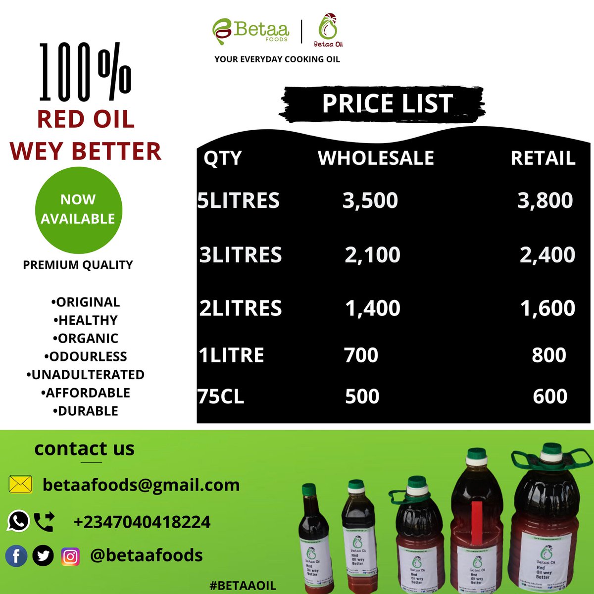Betaafoods's tweet photo. Below is our price list for wholesalers and Retailers. Our Betaa Oil varies from 5Litres to 75cl. 

Which one are you buying from us today?

#buybetaaoil #betaafoods #betaaoil #redoilweybetter https://t.co/V7OPJsaBLT